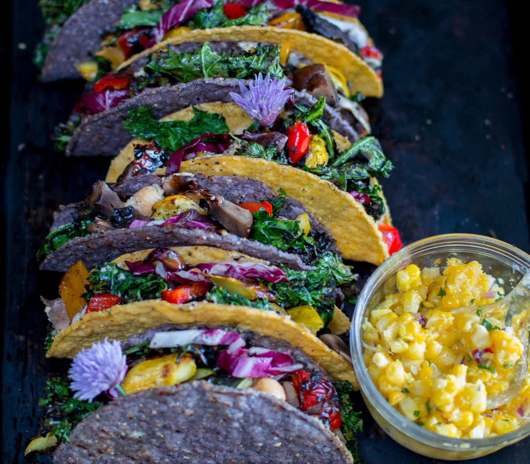 Hummus and Grilled Veggie Tacos with Corn Salsa