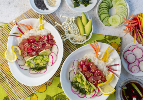Two Poke Bowls with rice, tuna & summer veggies