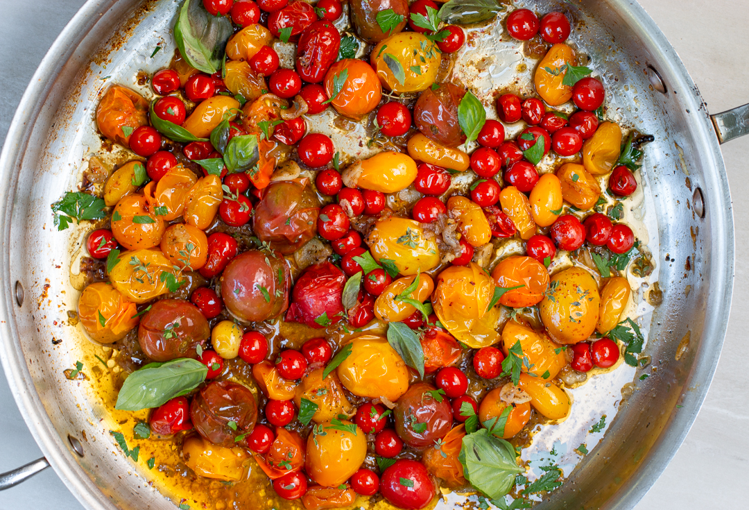 Burst Heirloom Tomato Sauce in skillet