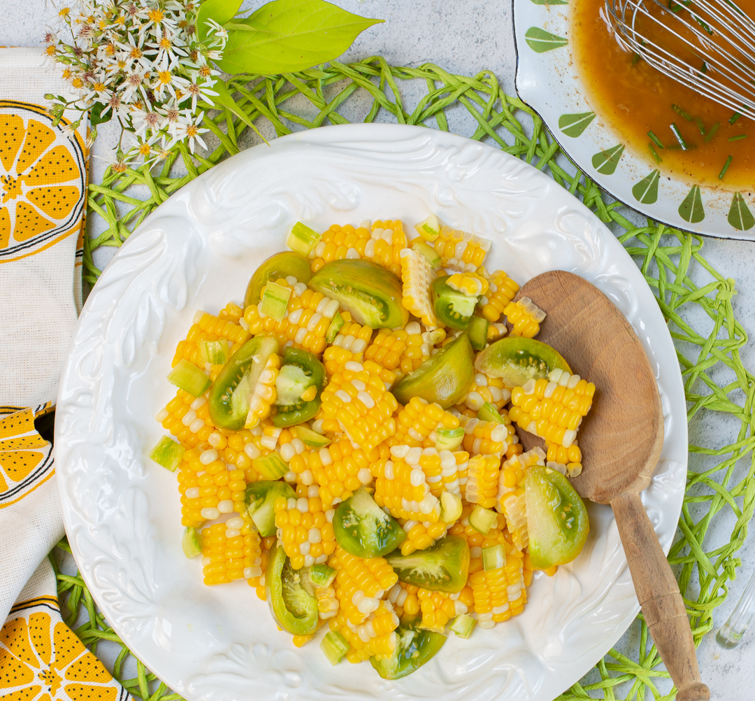 Corn, Green Tomatoes and Yellow Peppers ready to finish with Browned Butter Vinaigrette