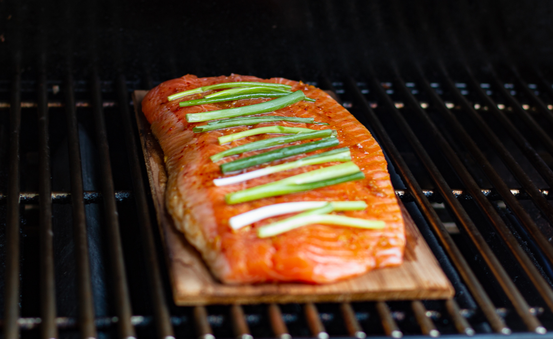 Salmon on cedar plank going in the grill - keep the top closed!