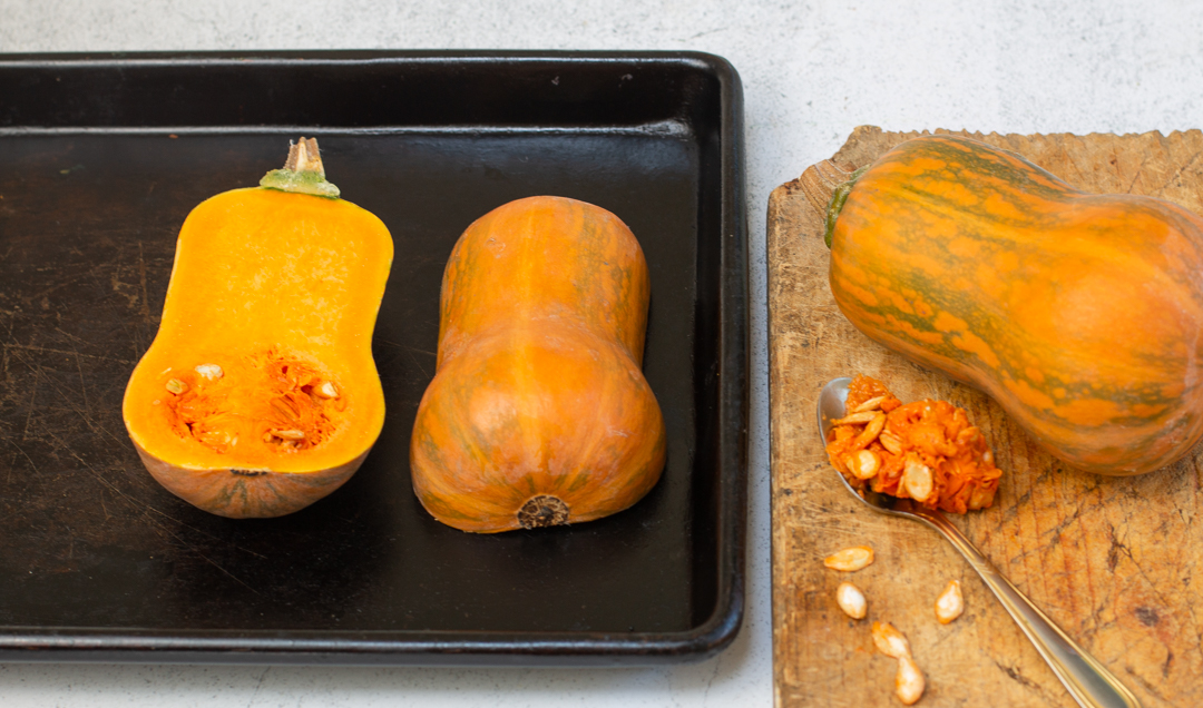 Cut 2 Honeynut squashes in half, roast cut side down with a brushing of neutral oil; s&p