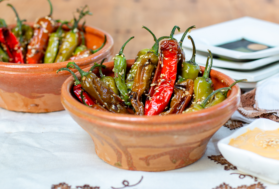 Serving the Blistered Shishito Peppers in Vintage French Glazed Clay Bowls 