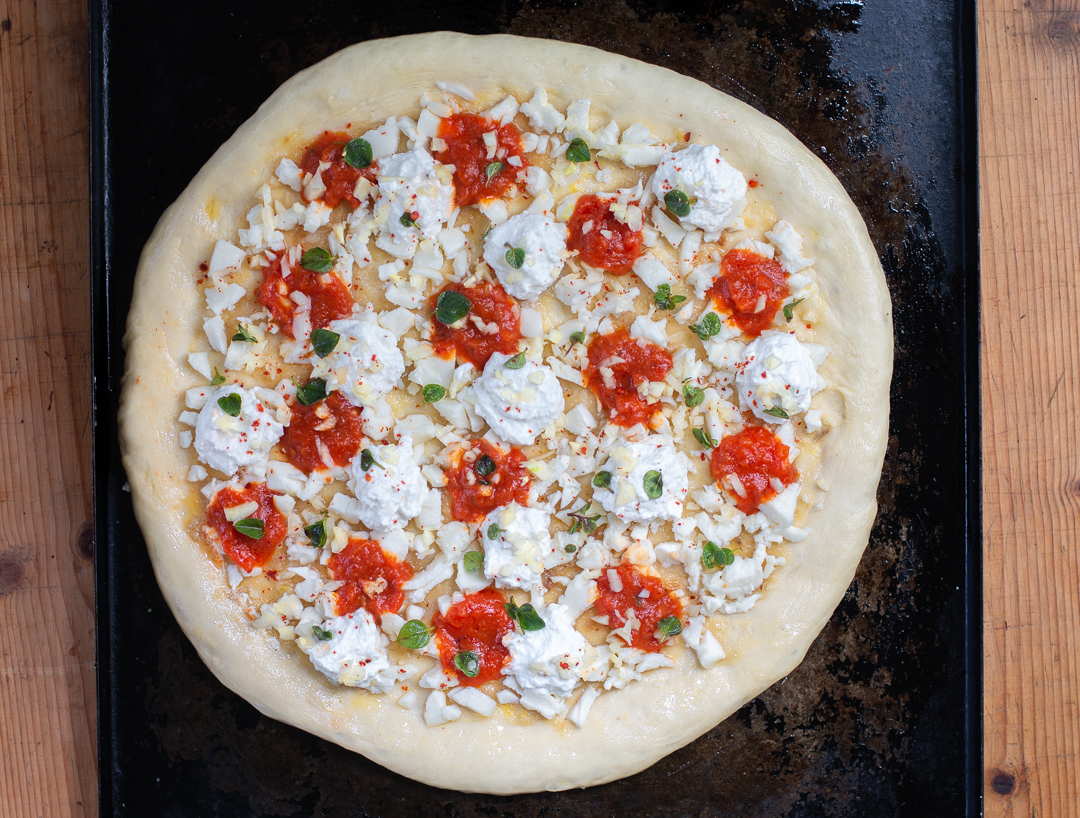 Garlic Pizza with Karen's perfect pizza Dough ready to go in the oven 