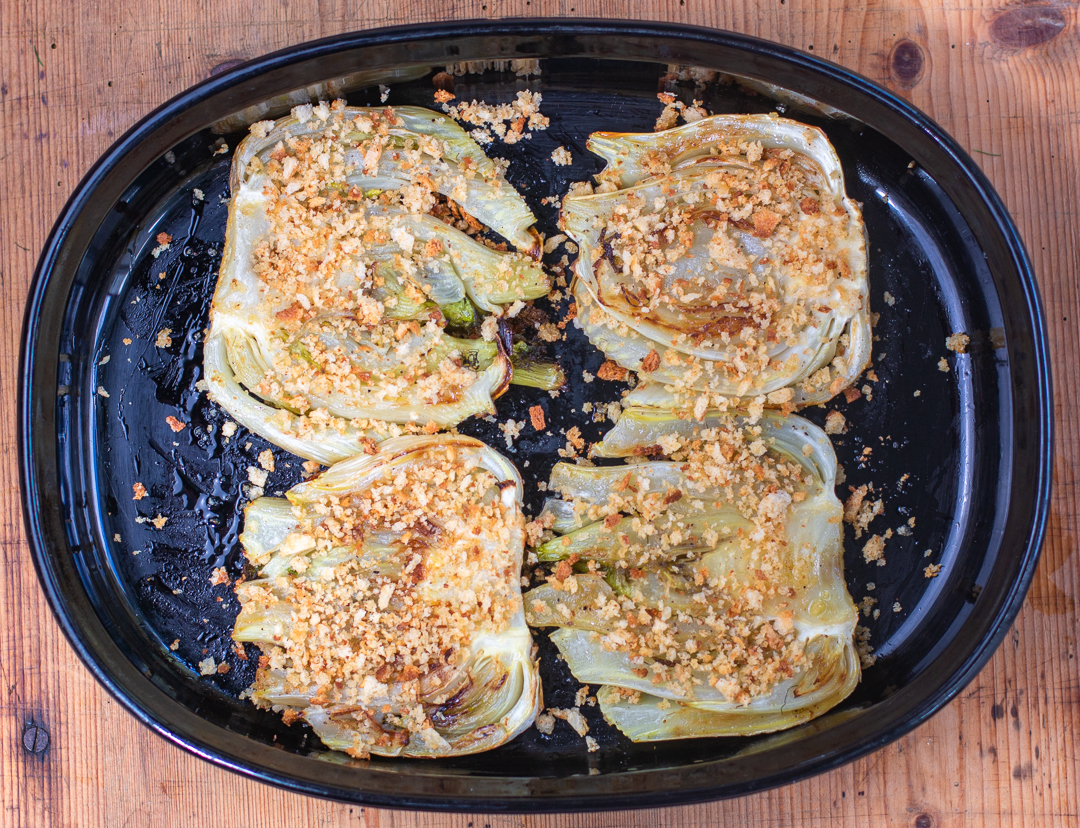 After roasting, add garlic breadcrumbs on both sides of the fennel