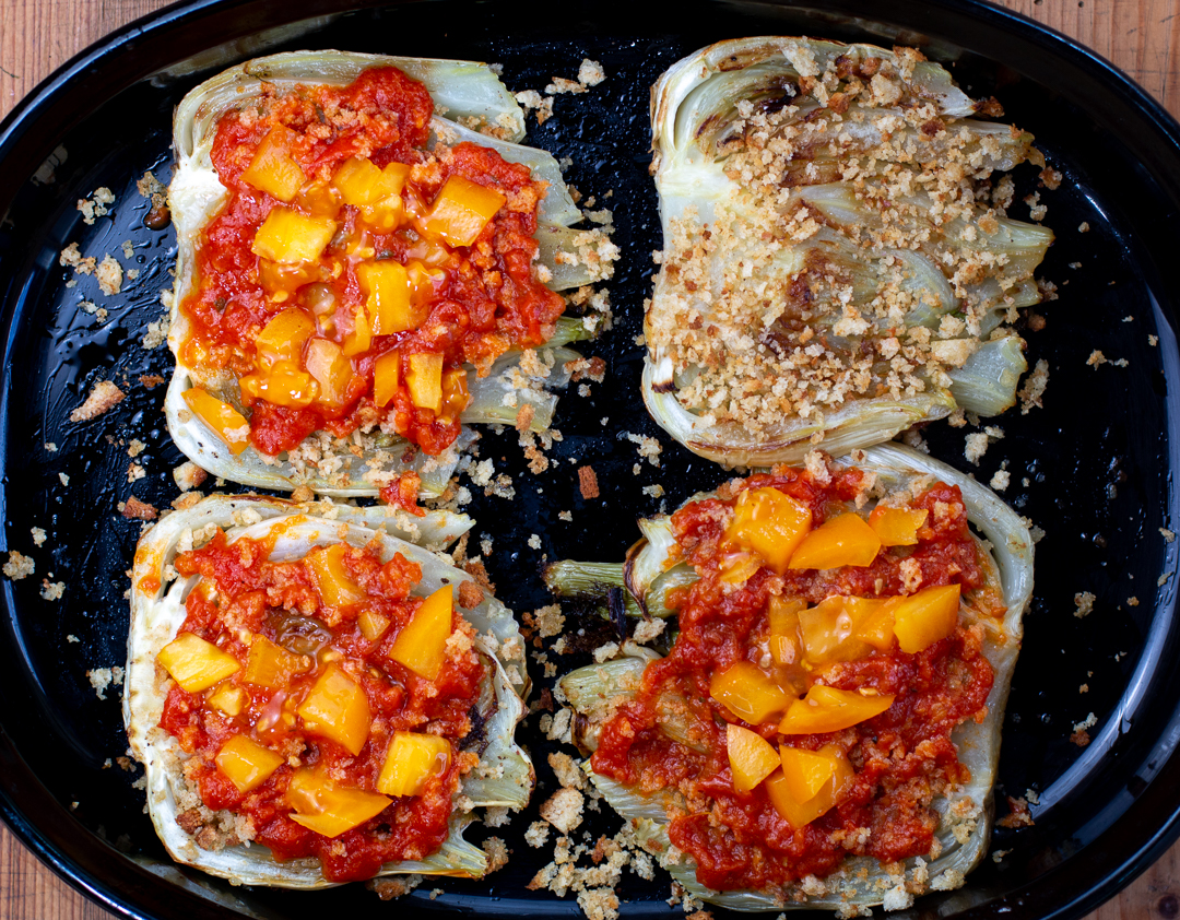 After roasting, add garlic breadcrumbs on both sides of the fennel