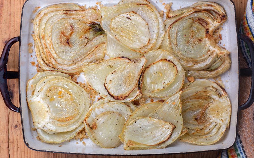 Roasting the sliced Fennel - becomes softened with a creamy, light texture 