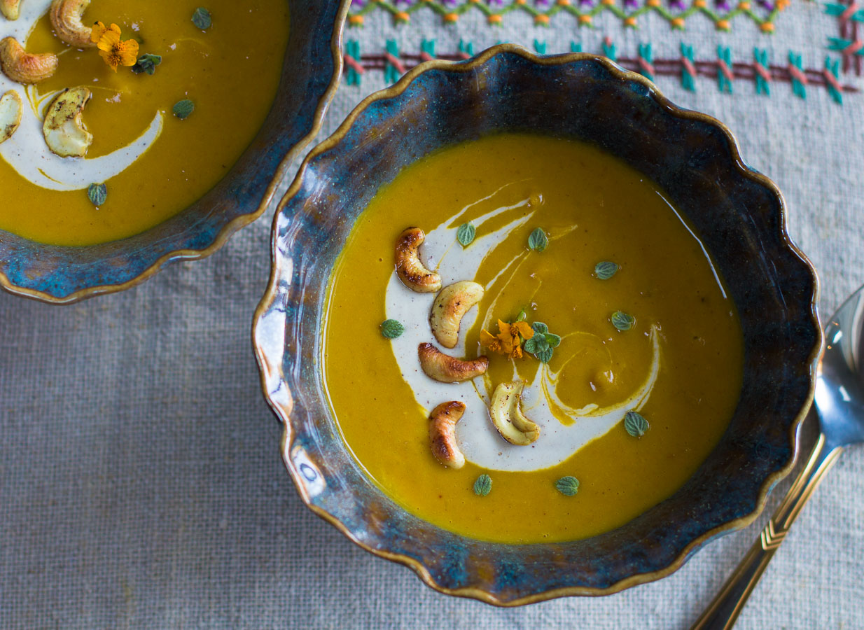 Kabocha Squash Soup with Apples and Cashew Crema ~ Vegan