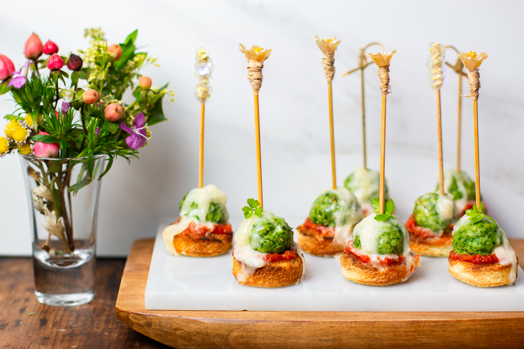 Spinach & Chicken Meatball Appetizer with Fontina Fondue