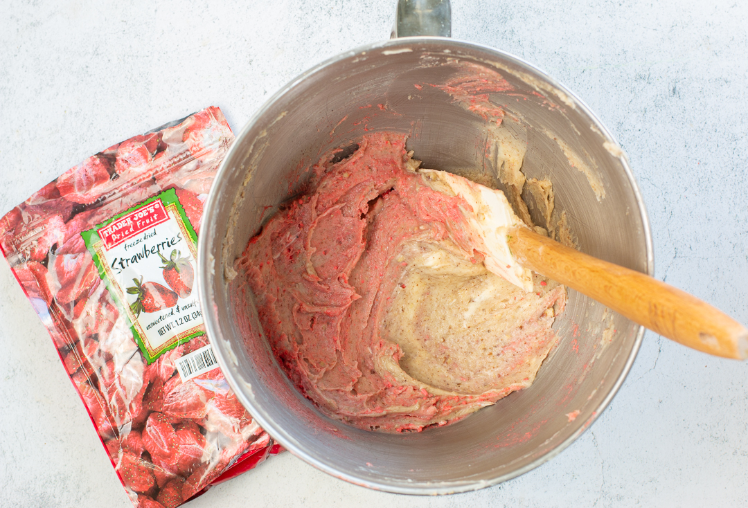 Making the cookie dough - fold in freeze dried strawberries which have been ground to a powder