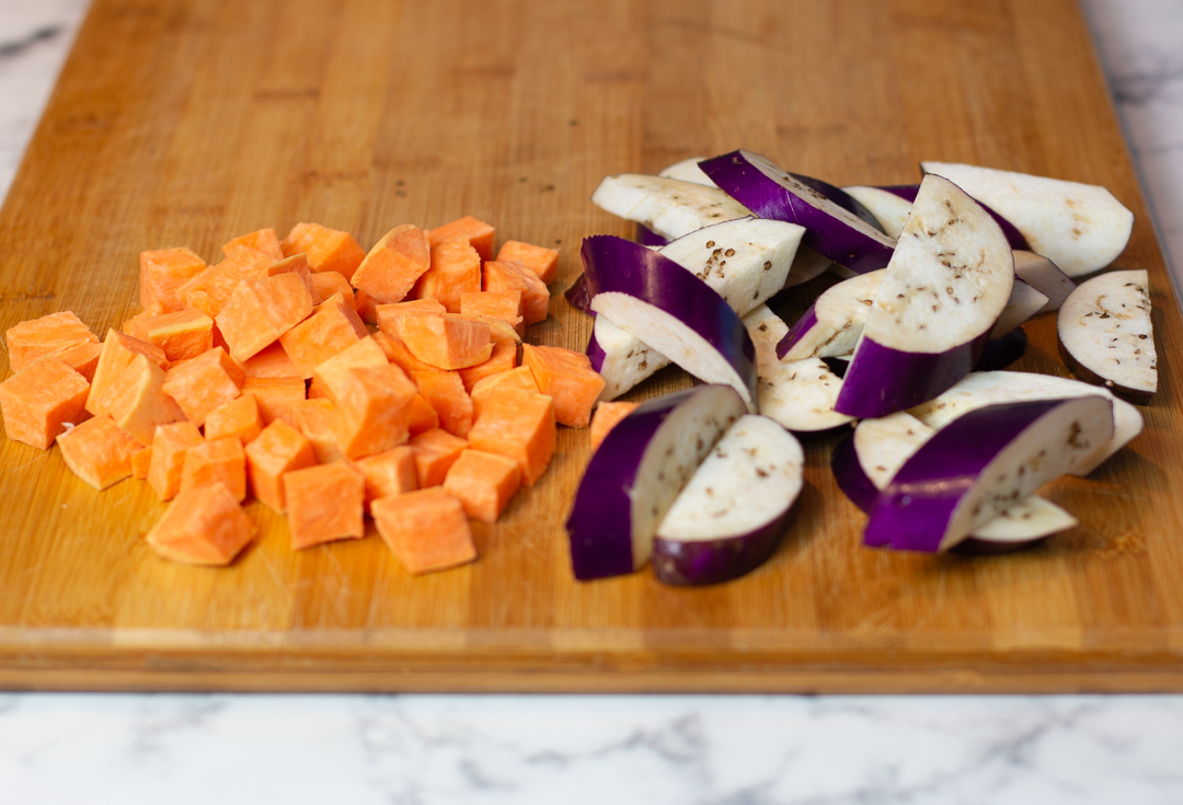 Sweet Potato and Japanese Eggplant are roasted and added as a garnish 