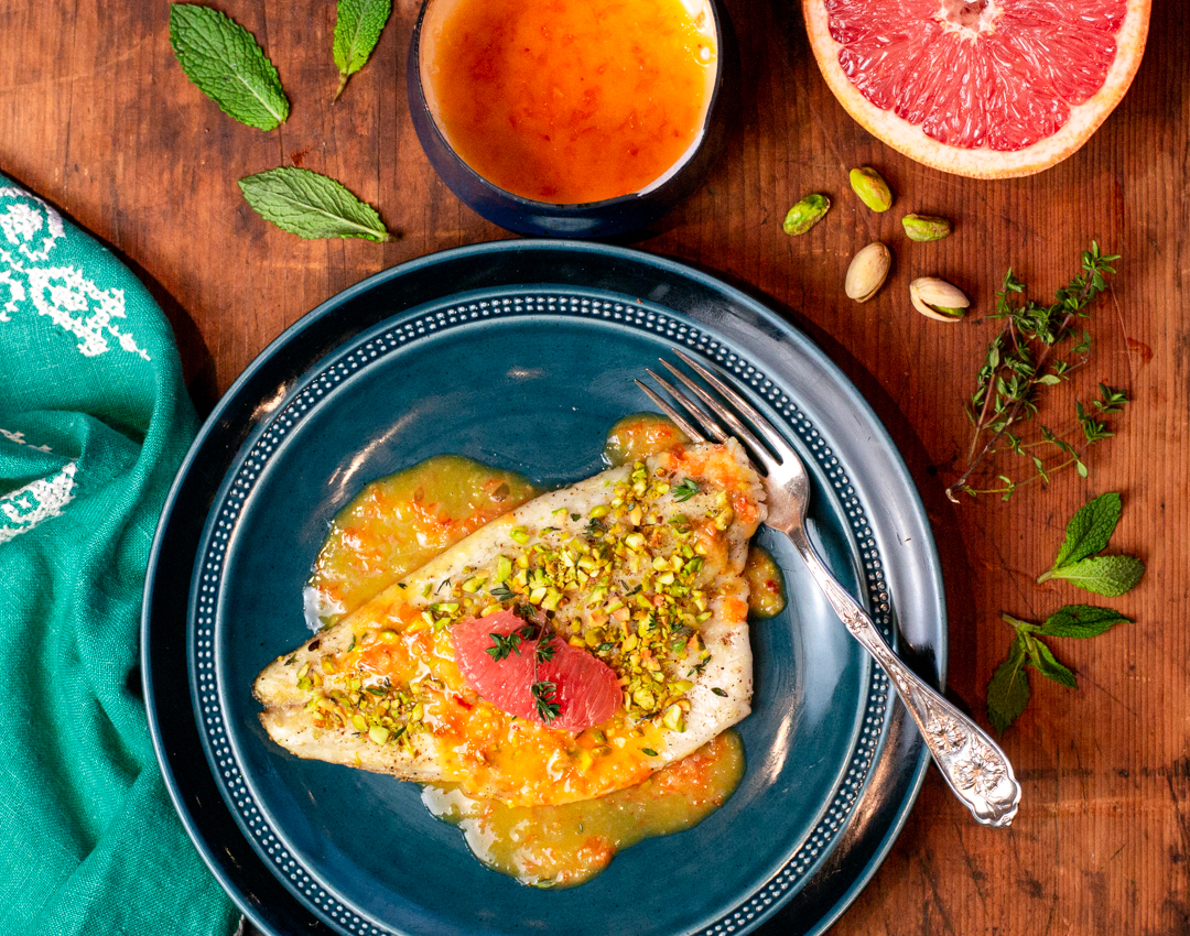 Pistachio Crusted Branzino with a Grapefruit Salad 