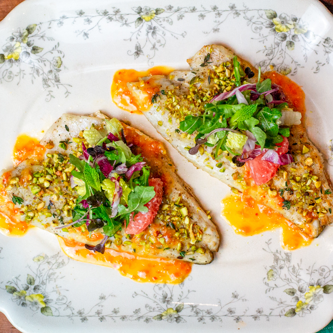 Pistachio Crusted Branzino with Grapefruit Salad