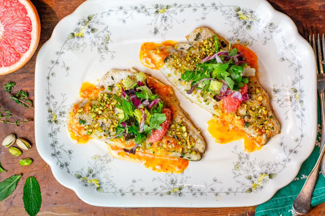 Pistachio Crusted Branzino with a Grapefruit Salad 