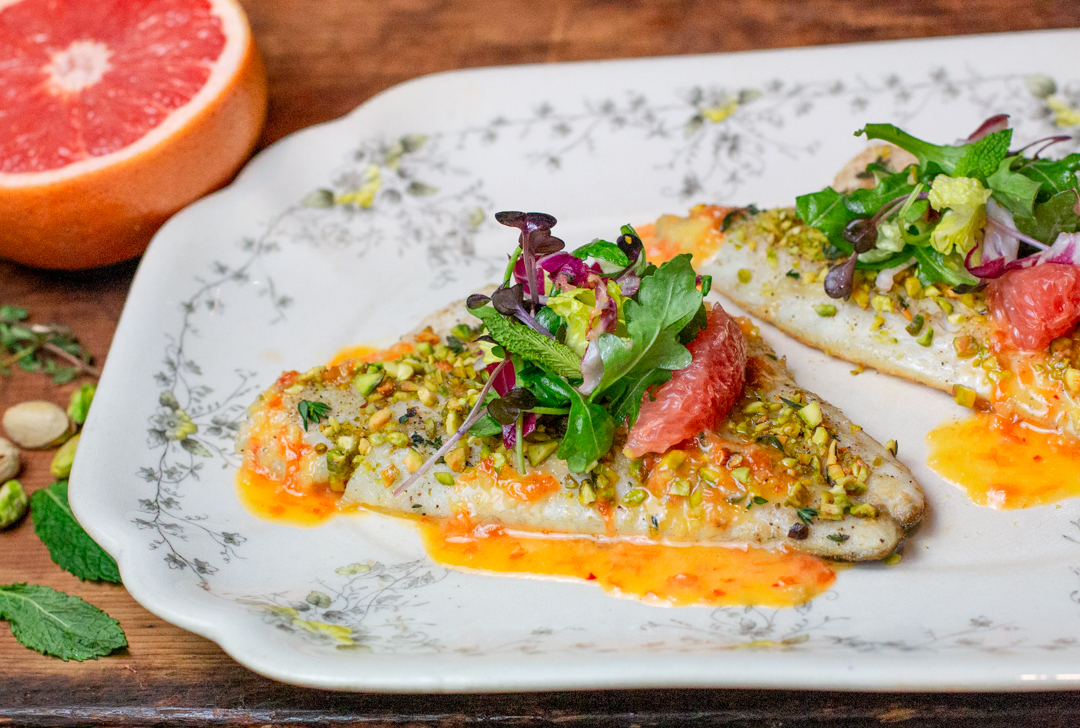 Pistachio Crusted Branzino with a Grapefruit Salad