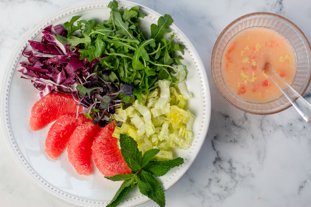 Grapefruit Salad with greens, radicchio, mint and sprouts with an awesome Grapefruit Vinaigrette 