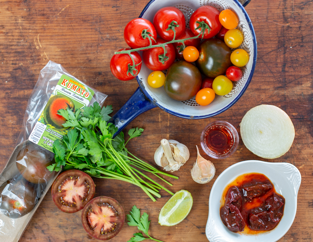 Ingredients for Roasted Winter Tomato Kumato Salsa 