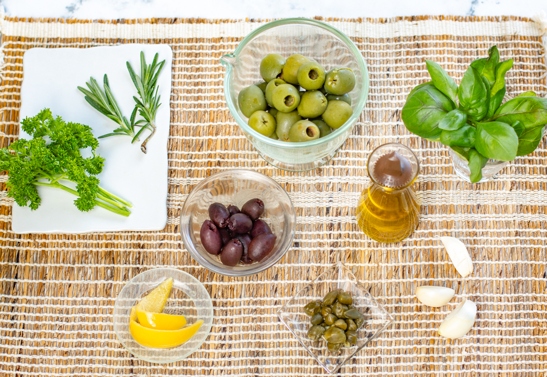 Ingredients for the Herbal Olive Tapenade with 