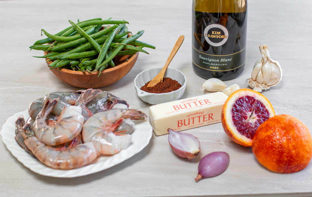 Ingredients for the Skillet Chili-Shrimp and Blackened Green Beans with Blood Orange Butter Sauce