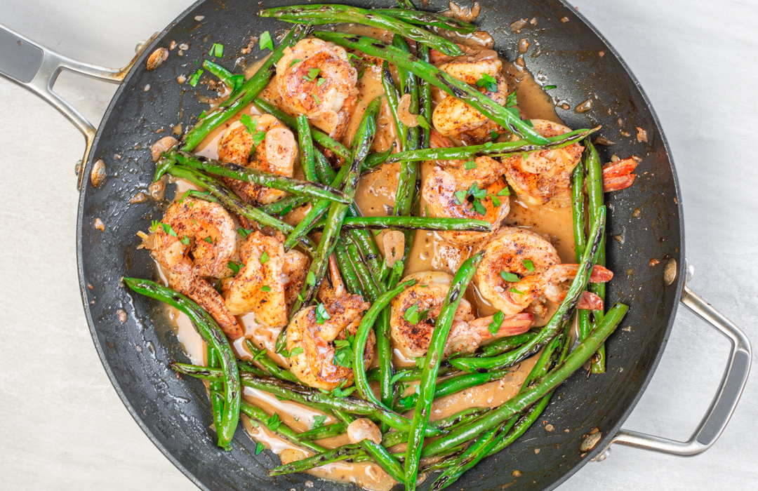 Skillet Chili-Shrimp and Blackened Green Beans with Blood Orange Butter Sauce ready to eat!