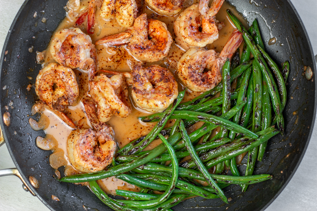Skillet Chili-Shrimp with Blackened Green Beans and Blood Orange Butter