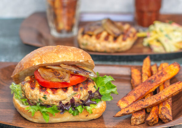 Homemade Chicken & Veggie Burgers with Maple Glazed Shallots and Roasted Tomato Ketchup
