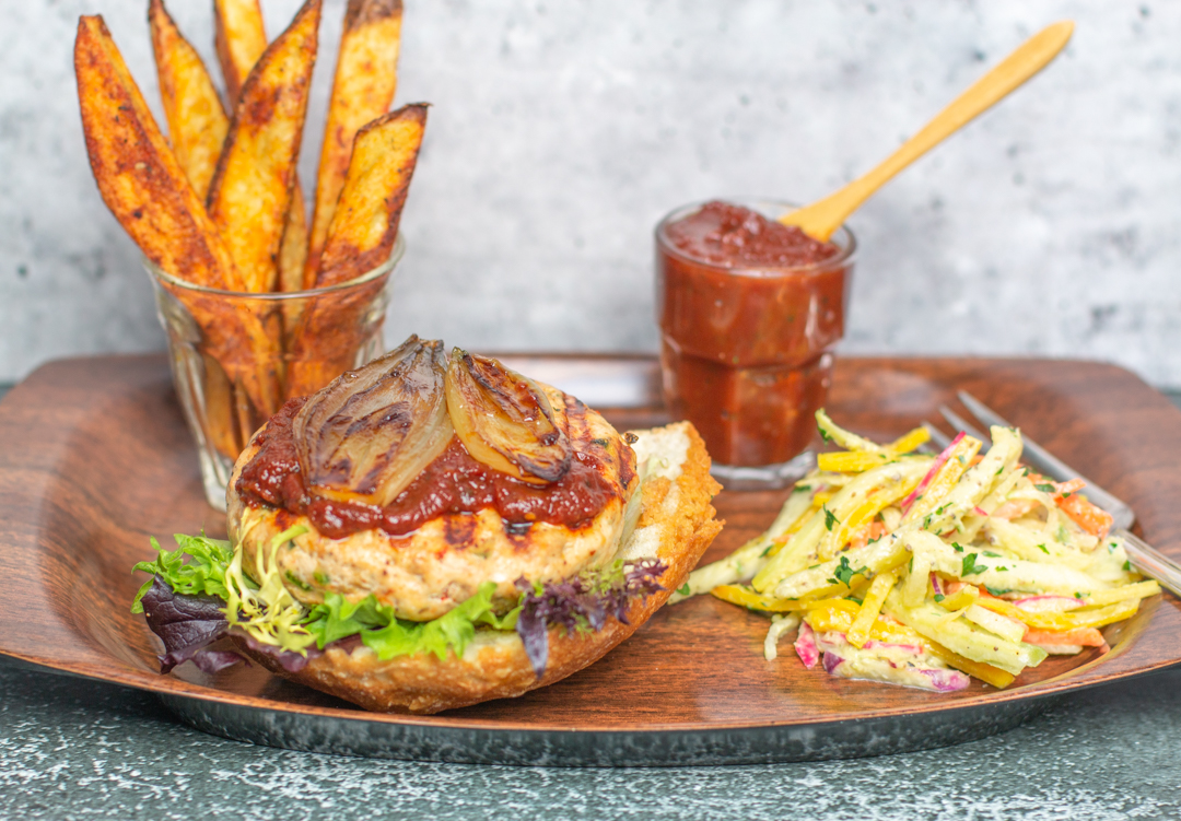 Homemade Chicken & Veggie Burgers with Maple Glazed Shallots and Roasted Tomato Ketchup