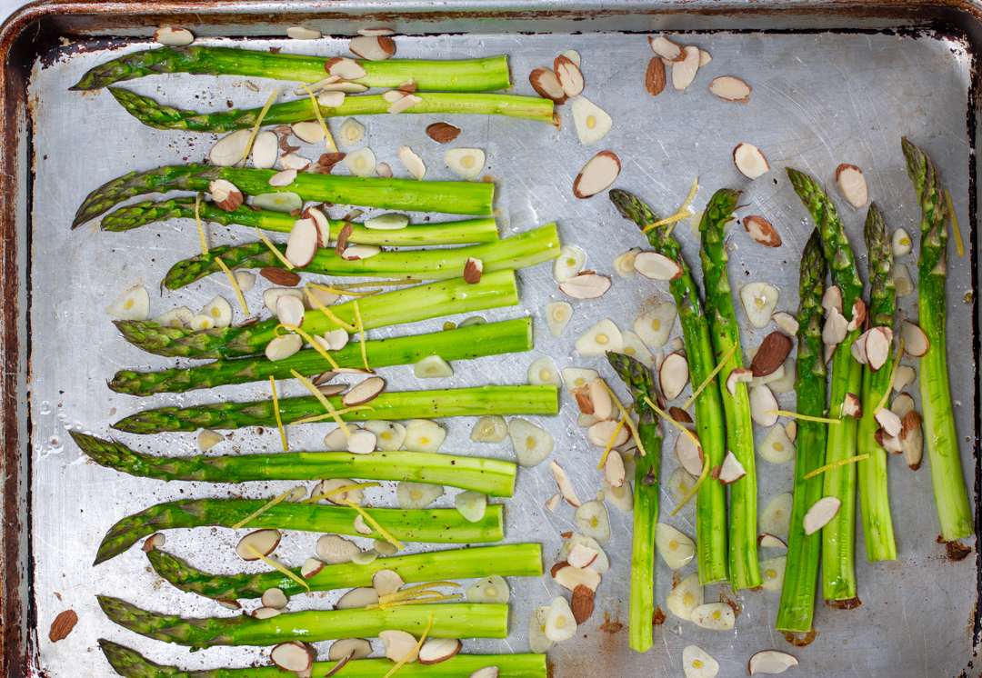 Roast Asparagus at 400 degrees, then add sliced Garlic, Sliced Almonds and Lemon Rind to the pan