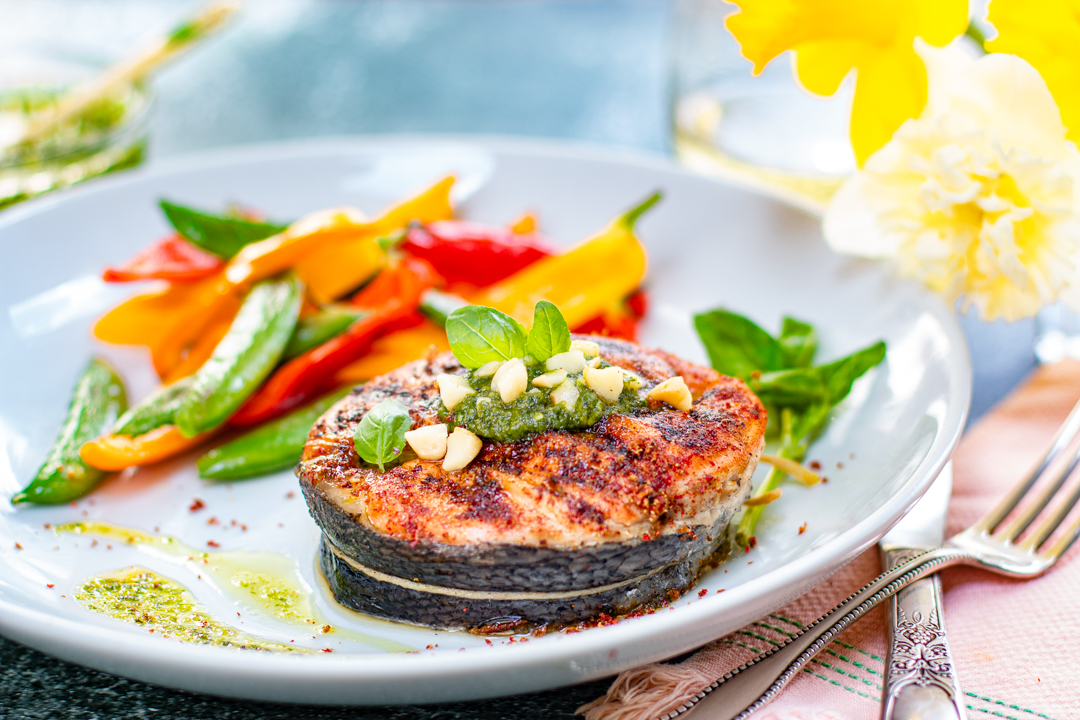 Salmon Steaks with Basil Macadamia Nut Pesto