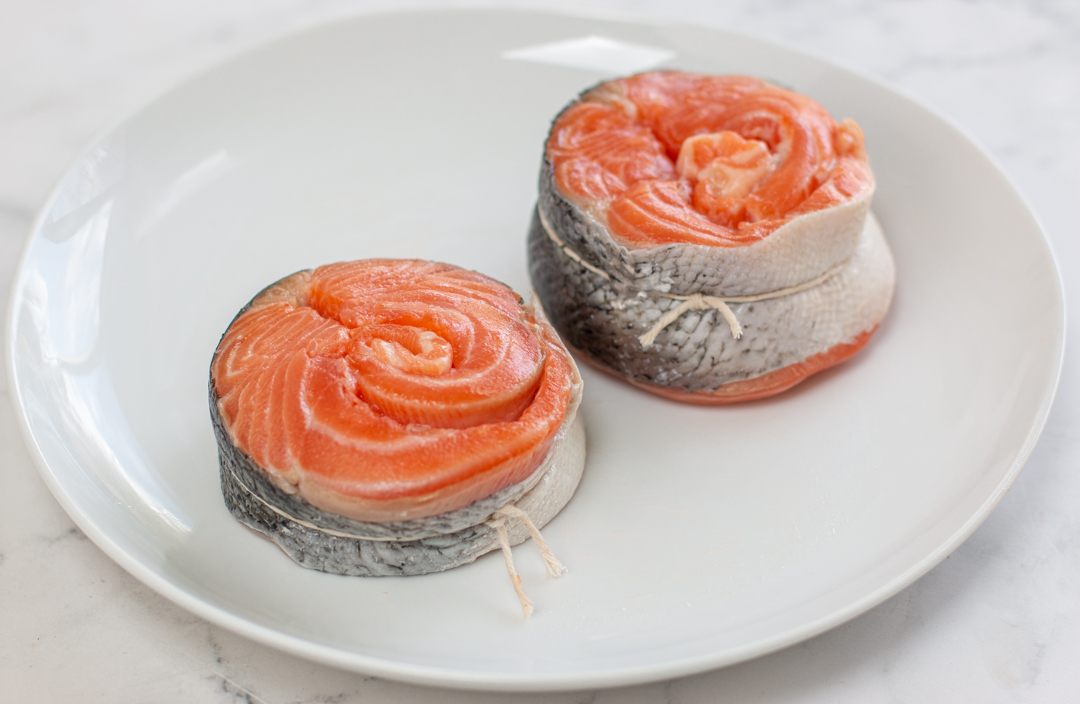 Roll up the salmon steaks - secure with butcher's twine 