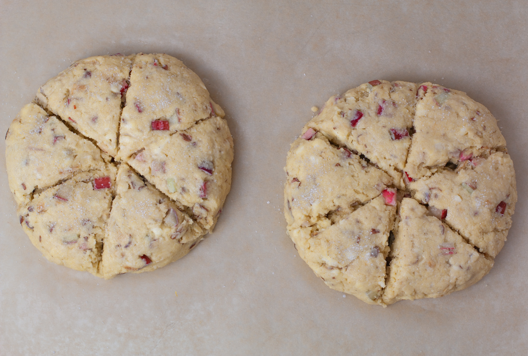 Rhubarb Scones - Divide dough in half, shape into 2 circles 1" high; score into triangles with a sharp knife 