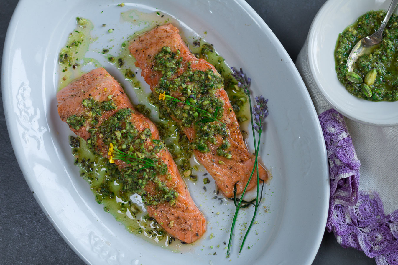 Cedar Planked Salmon with Pistachio-Tarragon & Lavender Gremolata