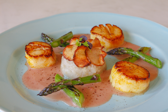 Scallops with Home Made Rhubarb Vinegar Butter Sauce – Mashed Jerusalem Artichokes and Charred Asparagus