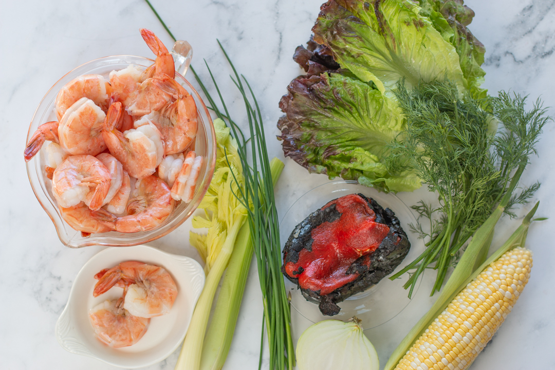 Ingredients for the Shrimp Salad with Roasted Pepper Mayo & Veggies
