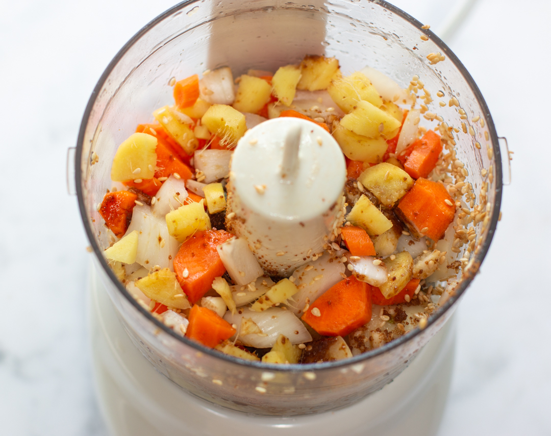 Chop all Dry ingredients for the Ginger-Sesame Sauce in a food processor, then add Liquids 