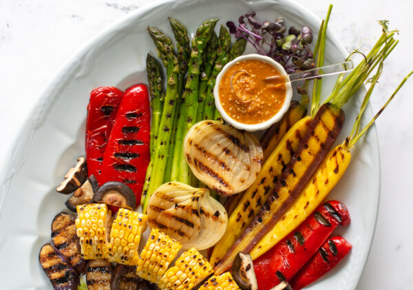 A gorgeous display of Grilled Vegetables and Ginger-Sesame Sauce