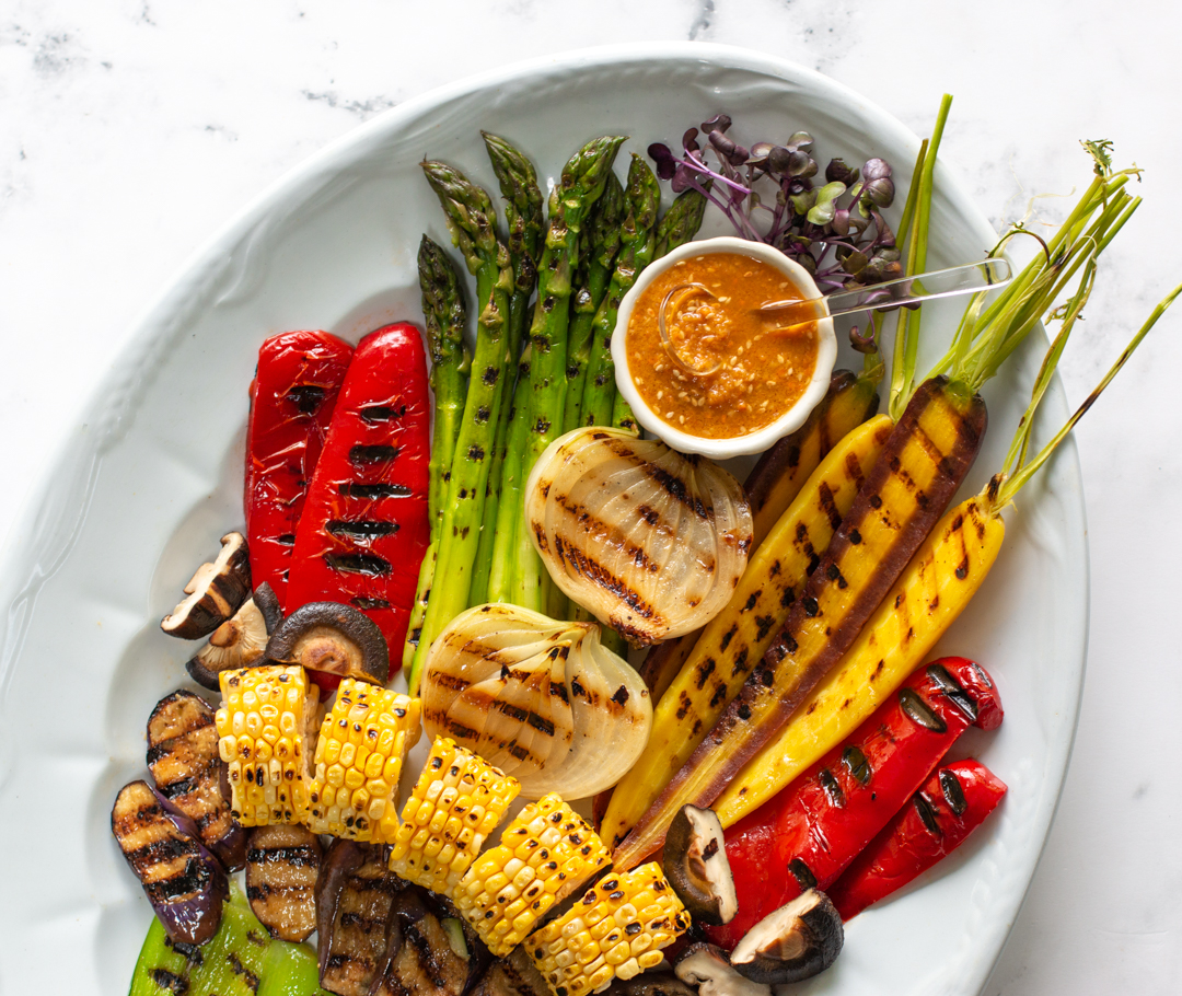 A gorgeous display of Grilled Vegetables and Ginger-Sesame Sauce 