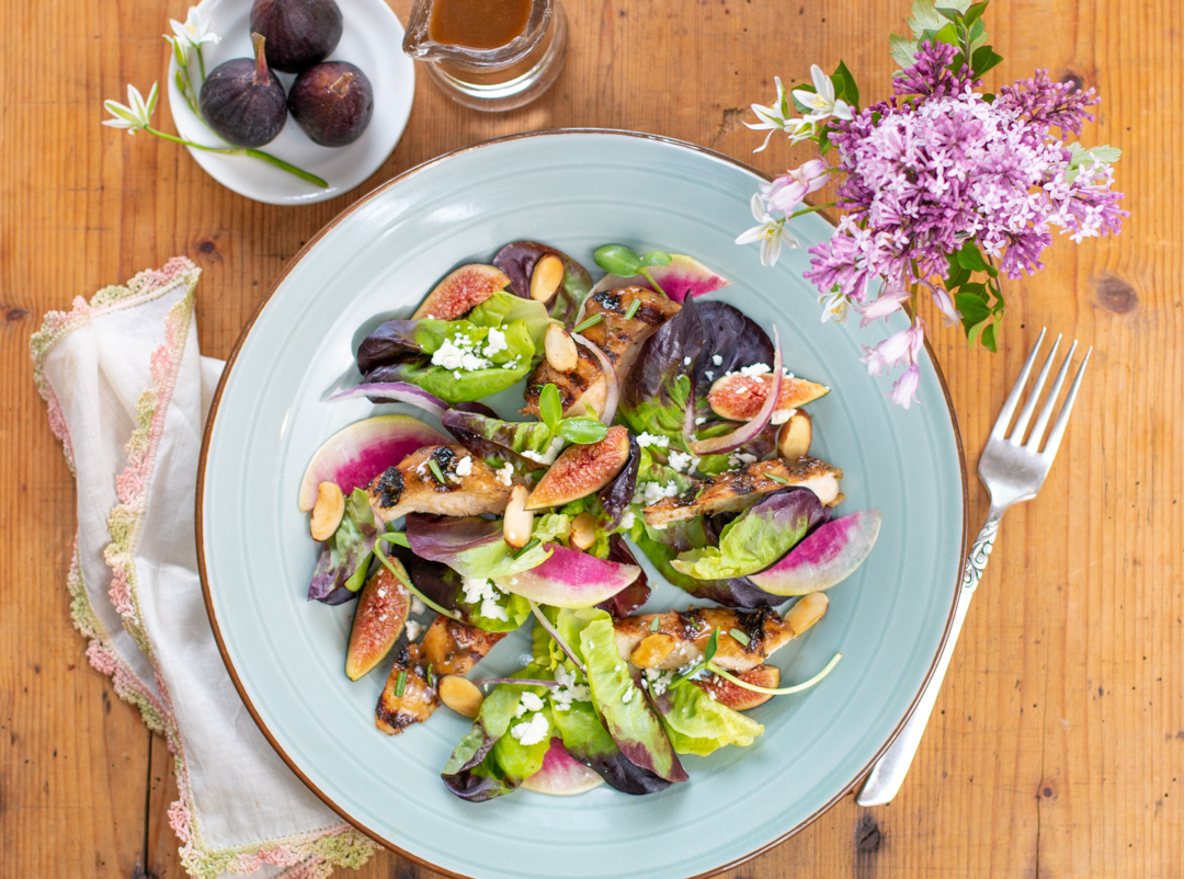 Spring Salad with Grilled Chicken and Homemade Fig-Balsamic Dressing 