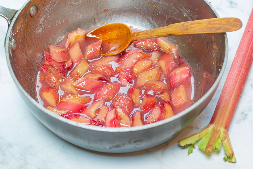 Stewed Rhubarb with a touch of Orange Rind for the Rhubarb Shortcakes