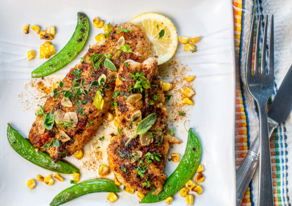 Cajun Blackened Red Fish with Brown Butter-Garlic Sauce and Summer Herbs