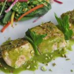 Spring Salmon Brochette Salad with Minted Lime Dressing, Toasted Quinoa and Pistachios