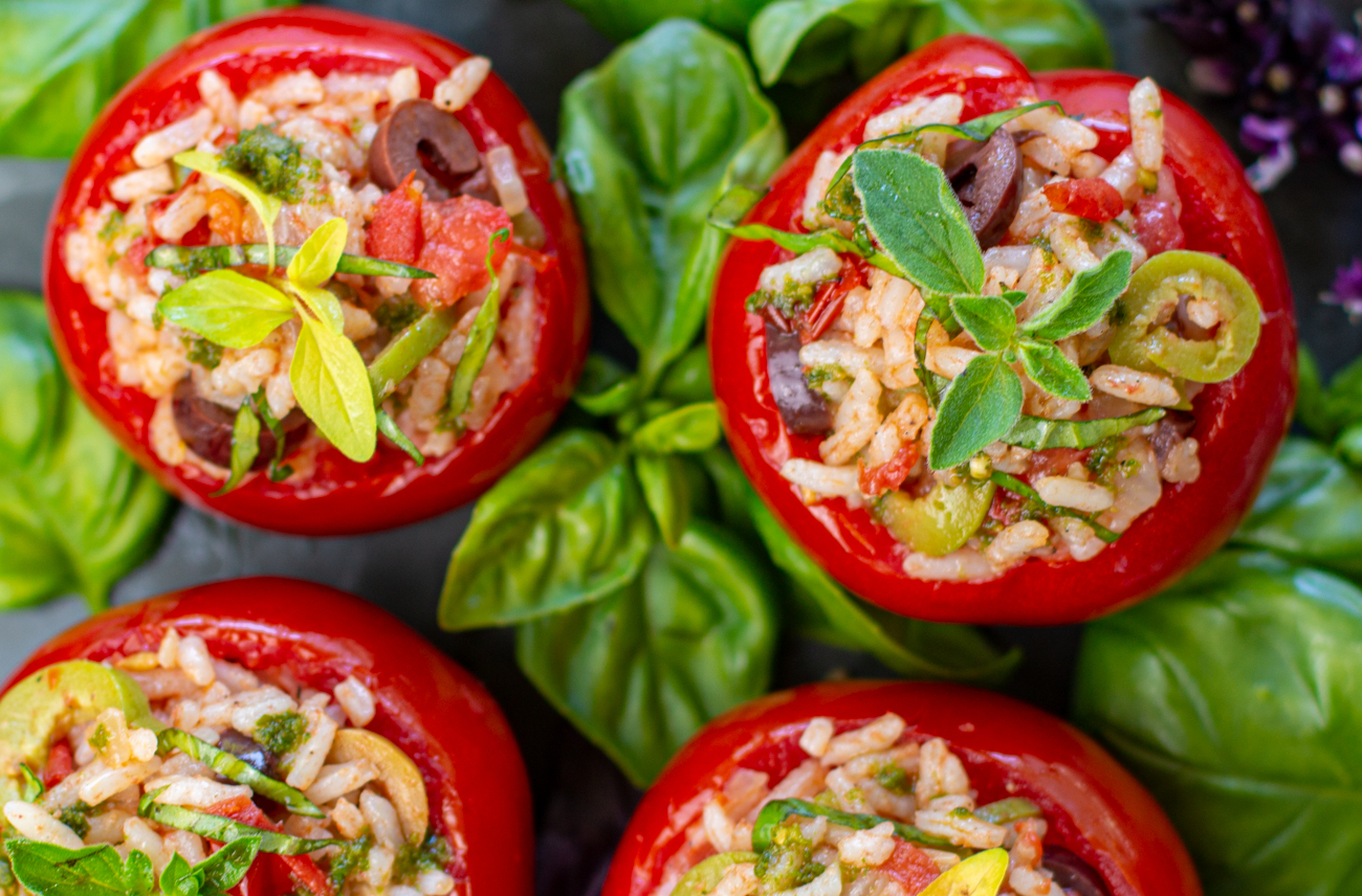 Puttanesca Rice Stuffed Tomatoes