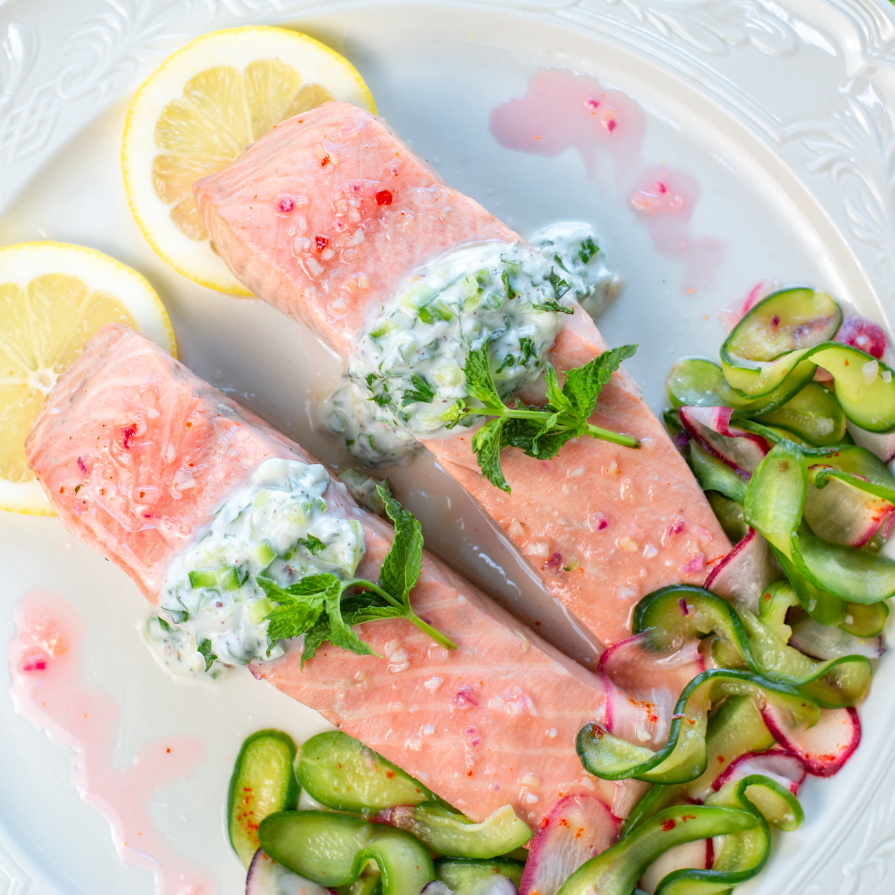 Hibiscus Tea Poached Salmon with Tzatziki Sauce