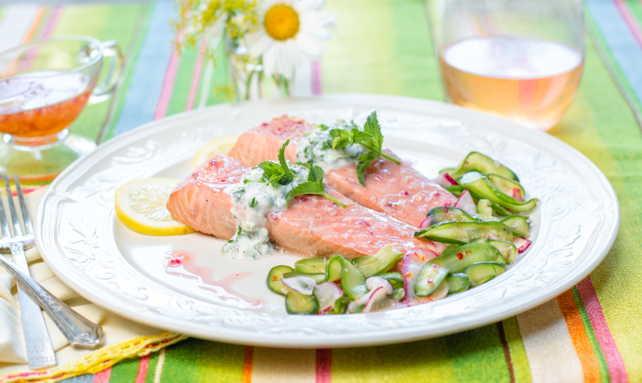 Hibiscus Tea Poached Salmon with Tzatziki Sauce