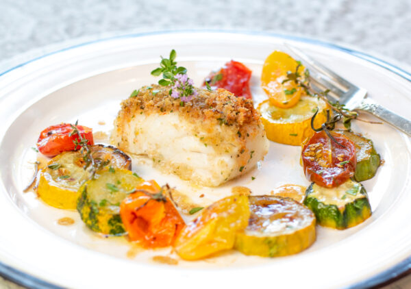 Summer Roasted Cod with Caramelized Zucchini & Tomatoes