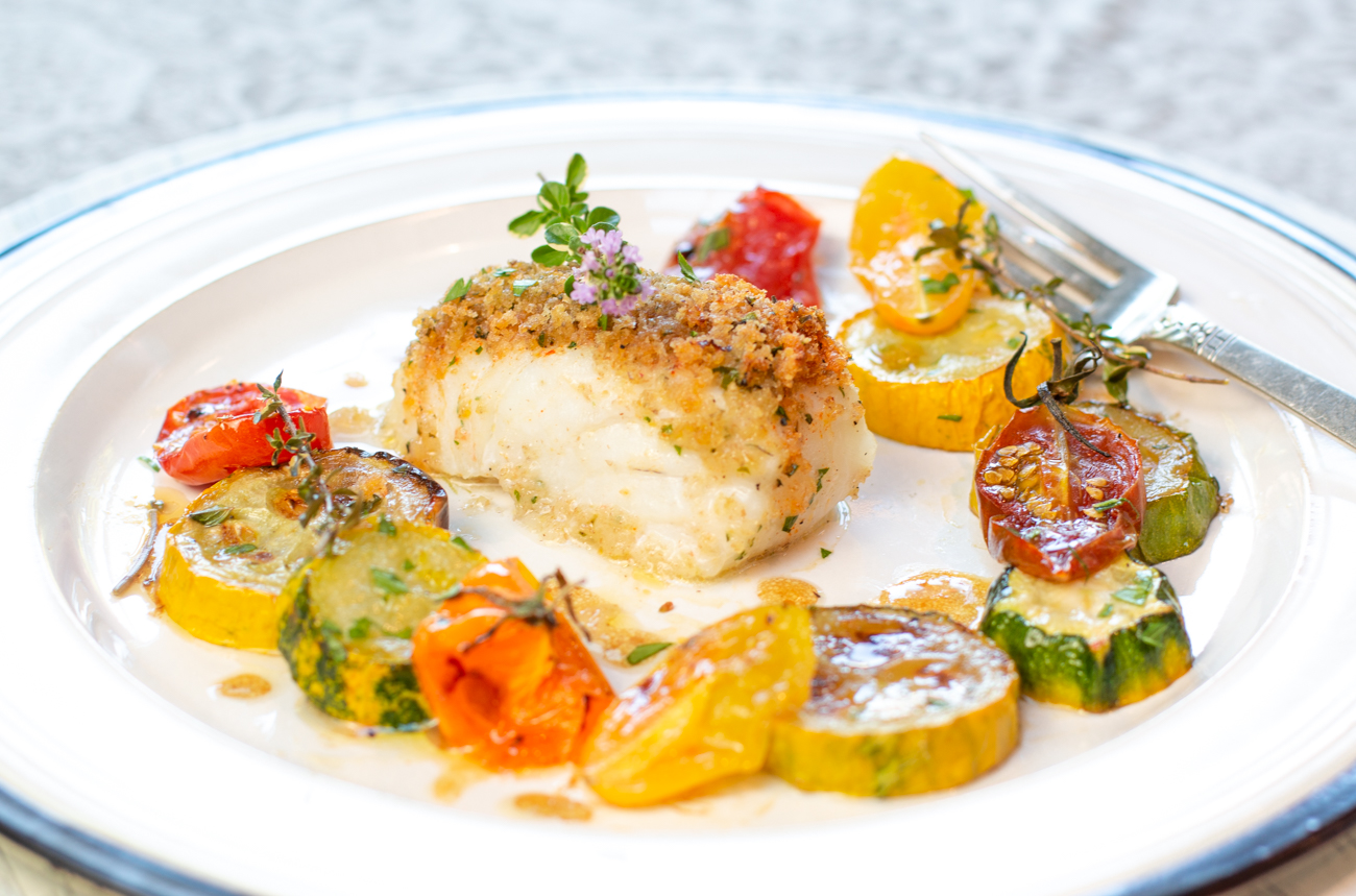 Summer Roasted Cod with Caramelized Zucchini & Tomatoes 