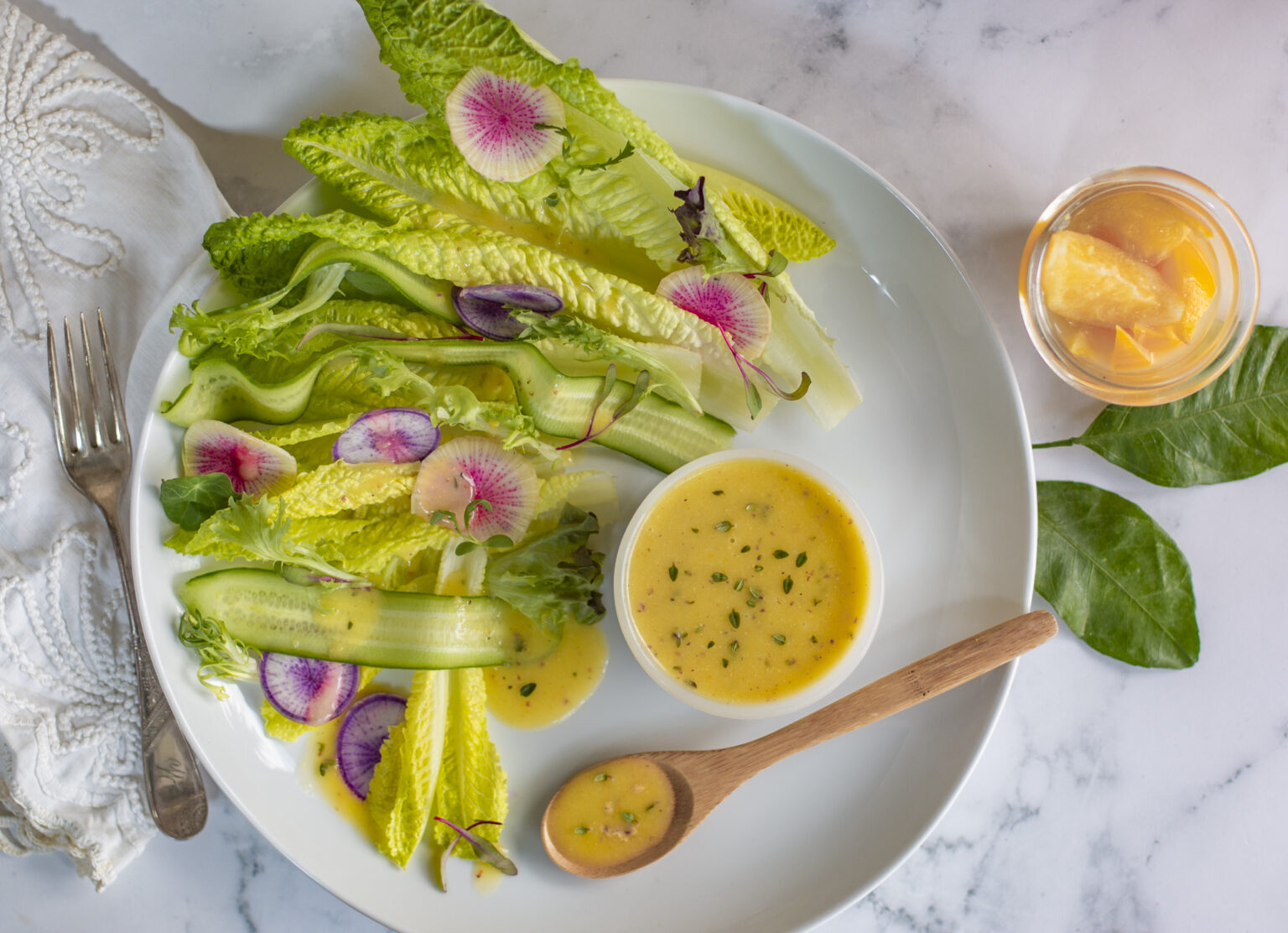 Simple Romaine Salad with Shaved Cucumbers and Radishes with a Preserved Lemon Vinaigrette