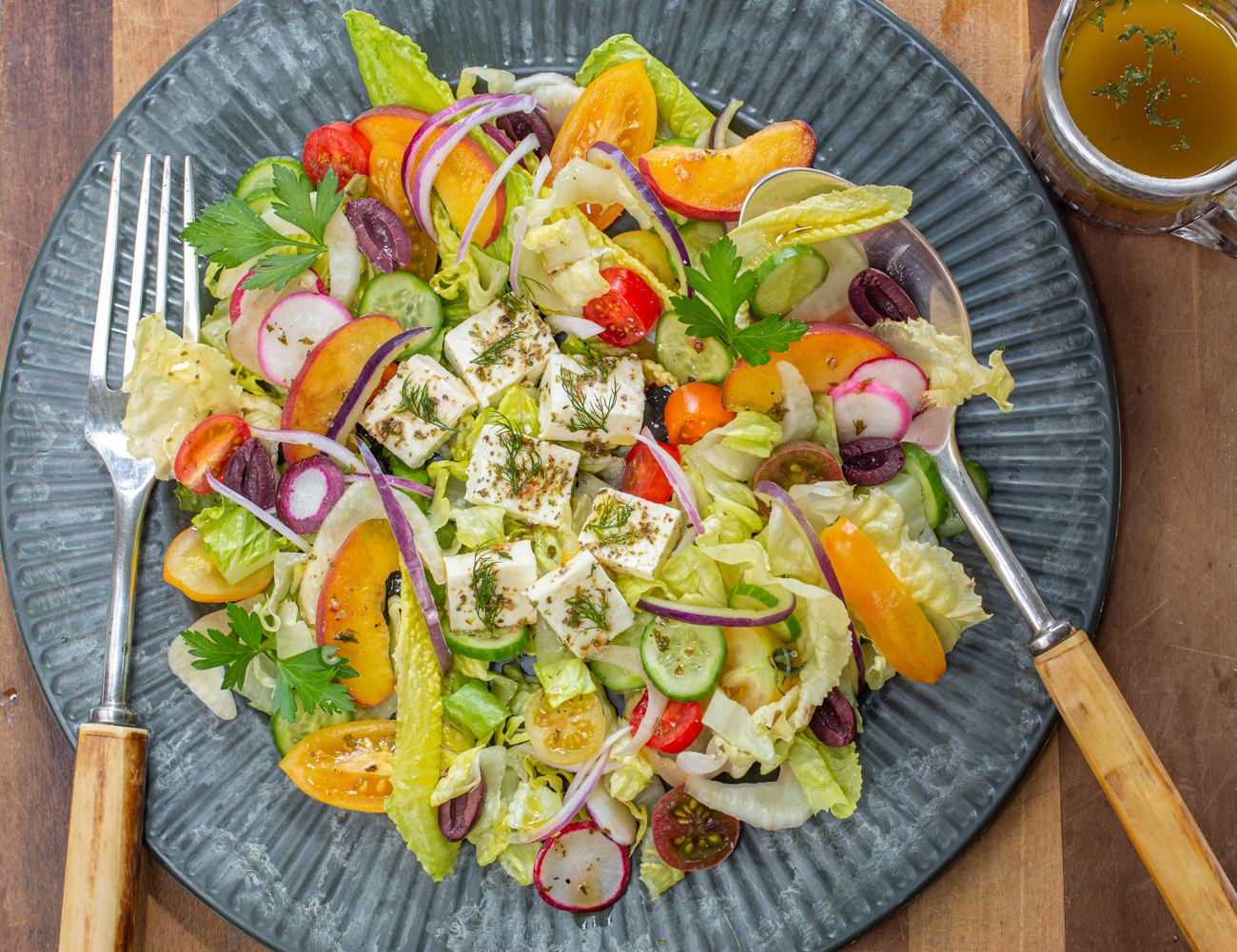 Karen's Summer Greek Salad with Peaches & Fennel with Shaken Italian Dressing