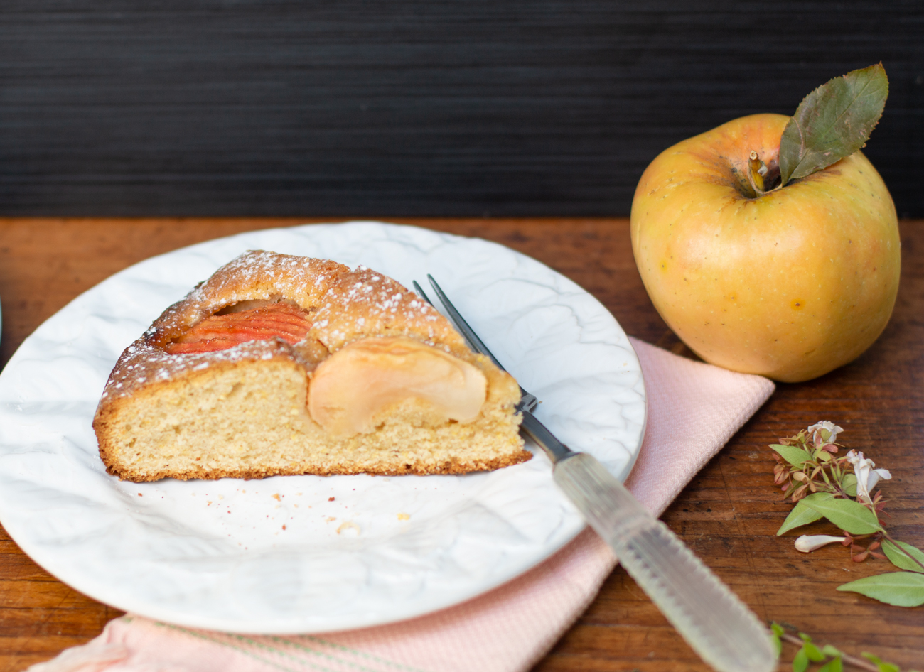 A slice of Karen's German Apple Cake with Pink Pearl Apples 