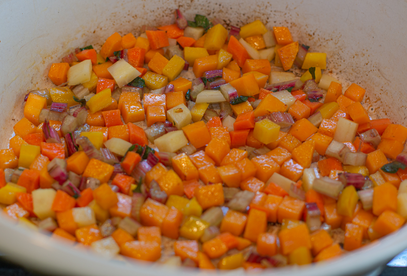 Saute "harder" veggies first in the soup pot for Fall Vegetable Soup with Lentils & Buckwheat